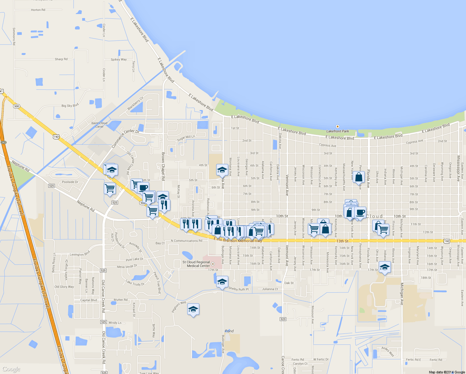 map of restaurants, bars, coffee shops, grocery stores, and more near 601 Montana Avenue in St. Cloud