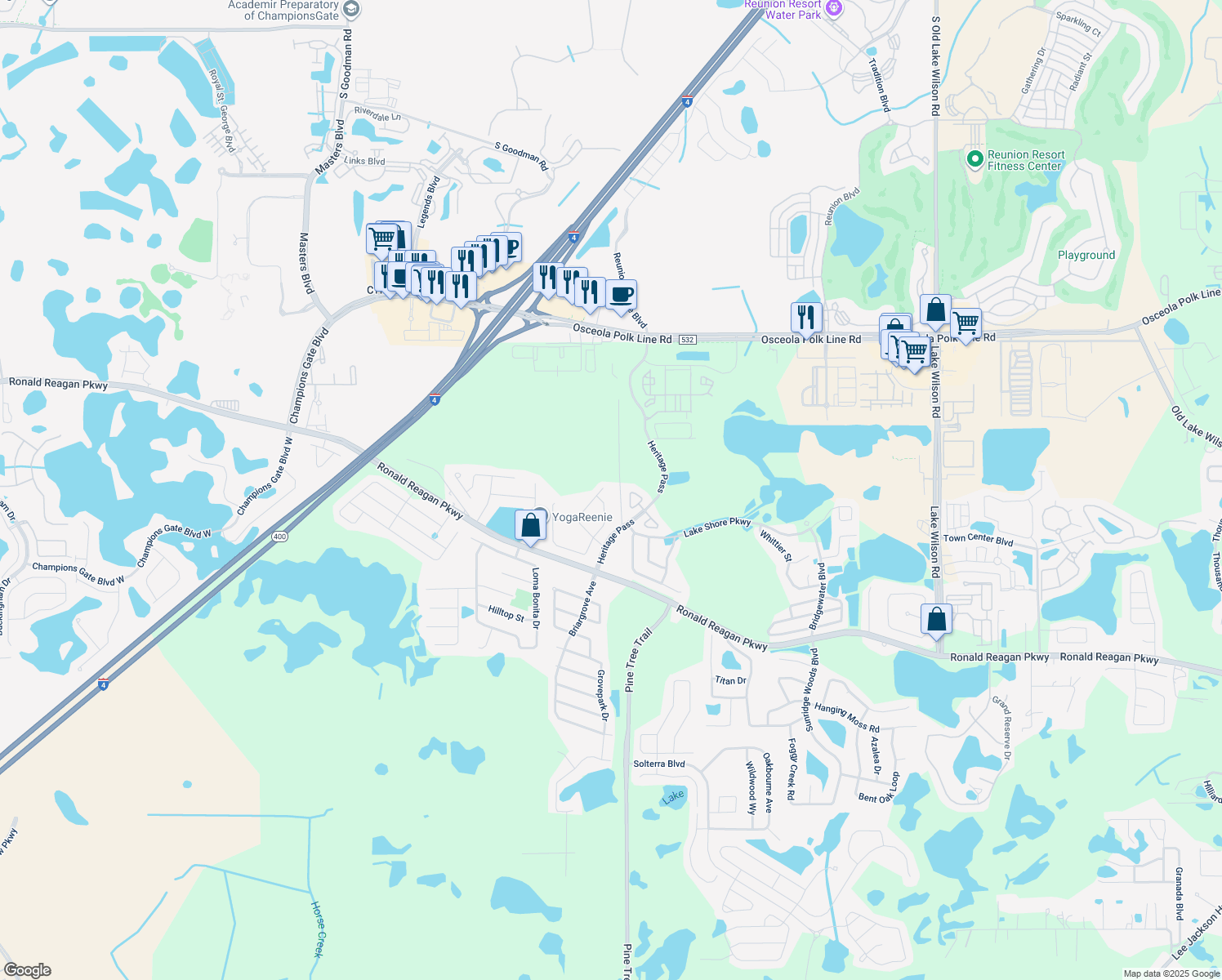 map of restaurants, bars, coffee shops, grocery stores, and more near 334 Willow View Drive in Davenport