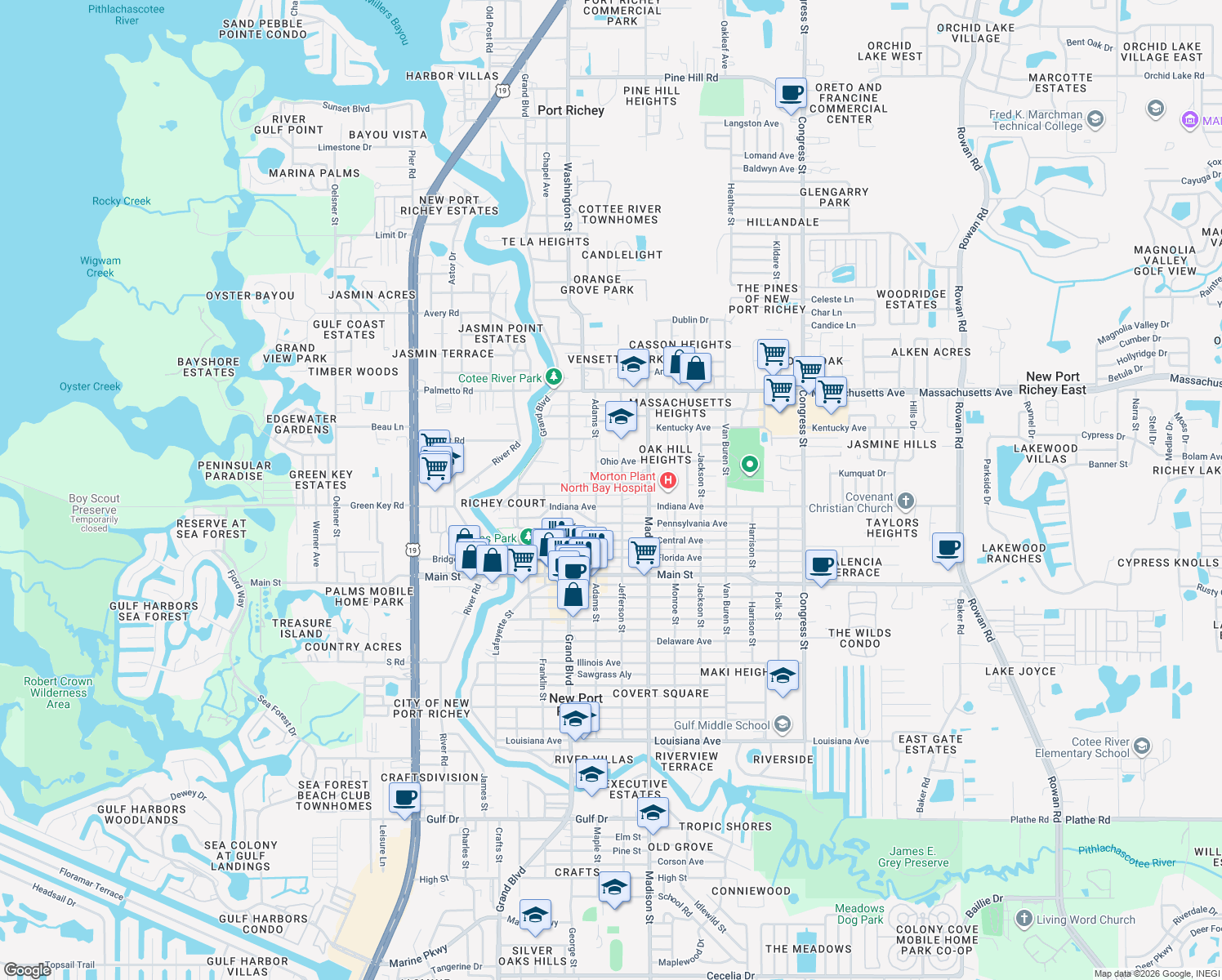 map of restaurants, bars, coffee shops, grocery stores, and more near 5840 Virginia Avenue in New Port Richey