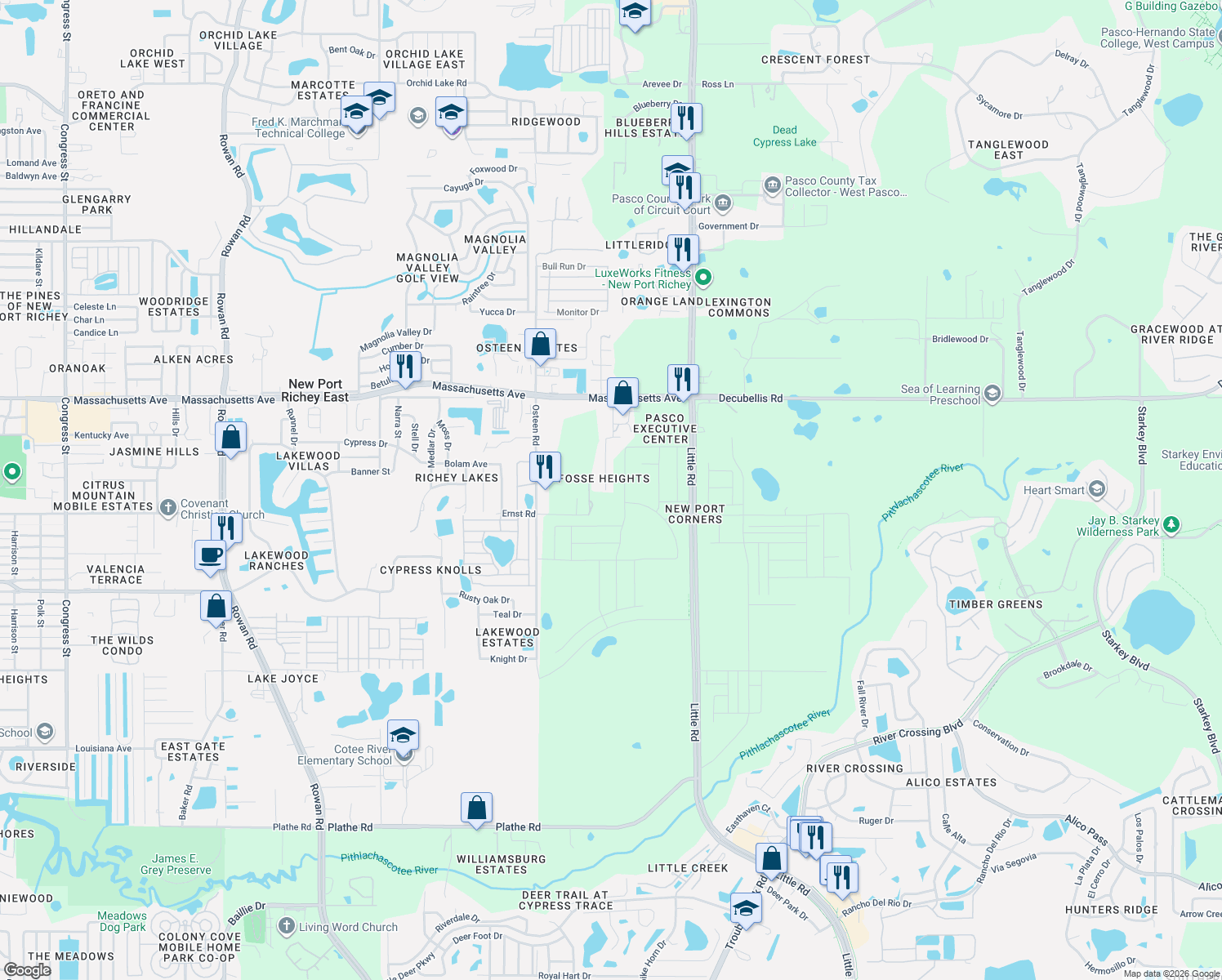 map of restaurants, bars, coffee shops, grocery stores, and more near 6630 Shady Acres Boulevard in New Port Richey