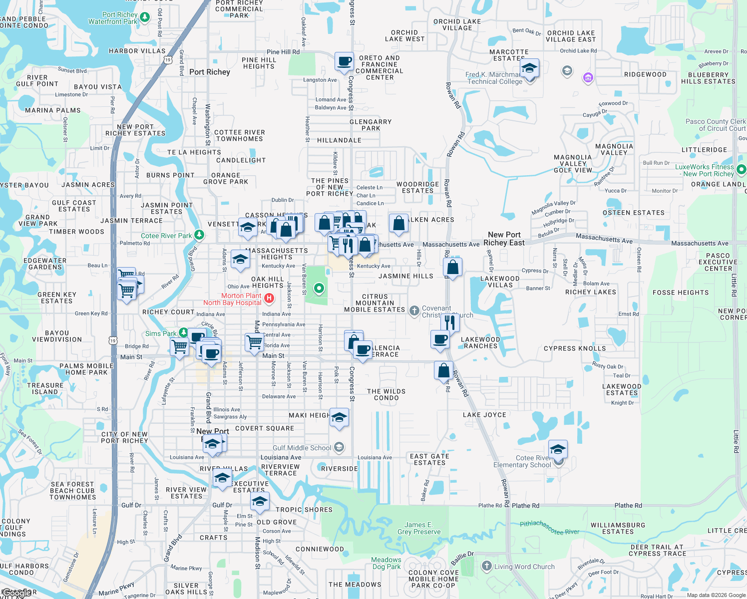map of restaurants, bars, coffee shops, grocery stores, and more near 6631 Silverbell Drive in New Port Richey