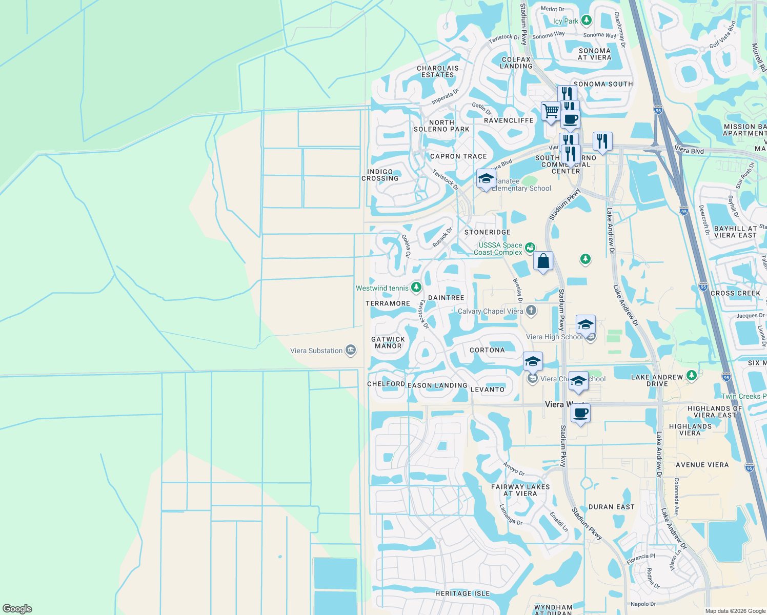 map of restaurants, bars, coffee shops, grocery stores, and more near 3612 Terramore Drive in Melbourne