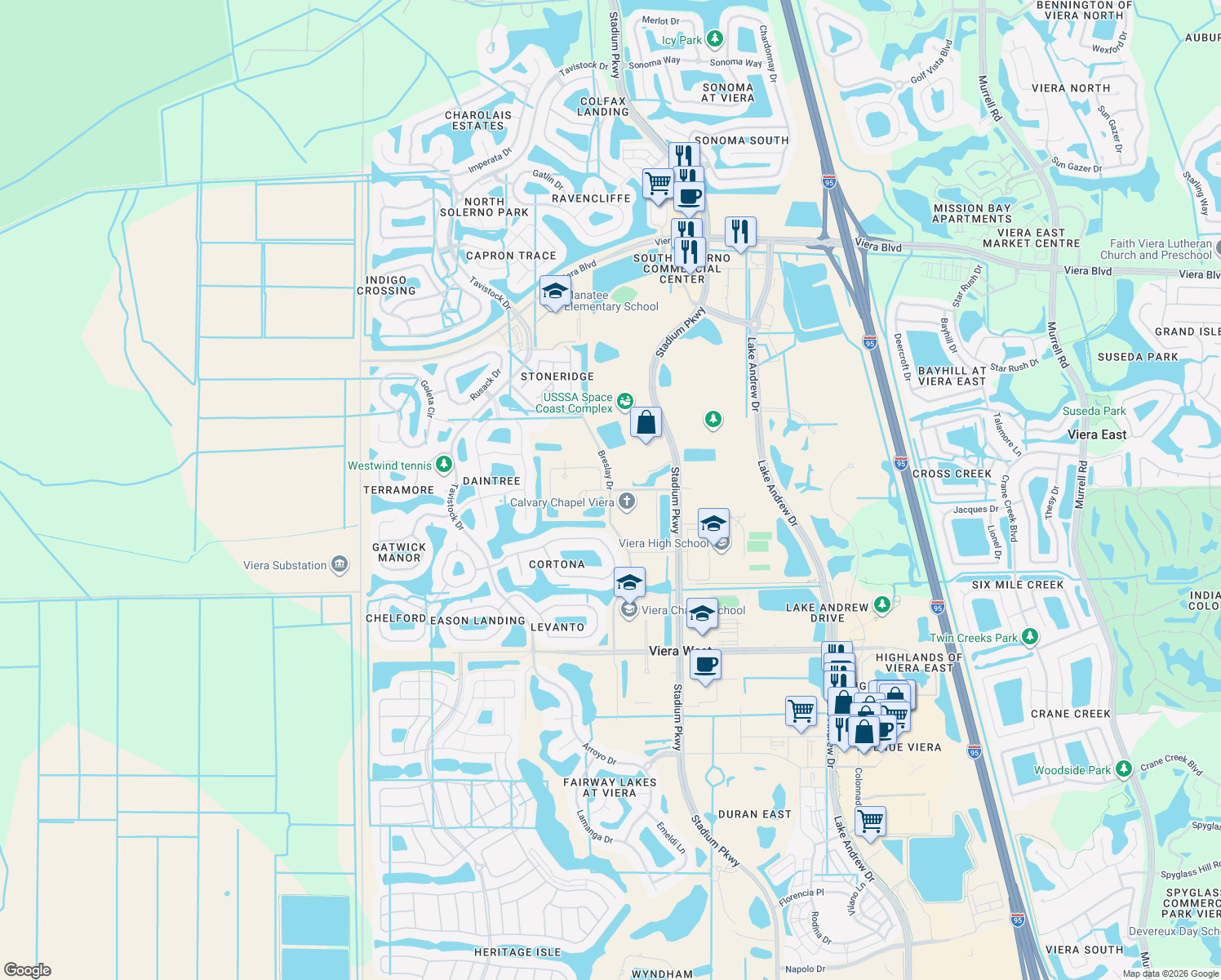 map of restaurants, bars, coffee shops, grocery stores, and more near Veterans Way in Melbourne
