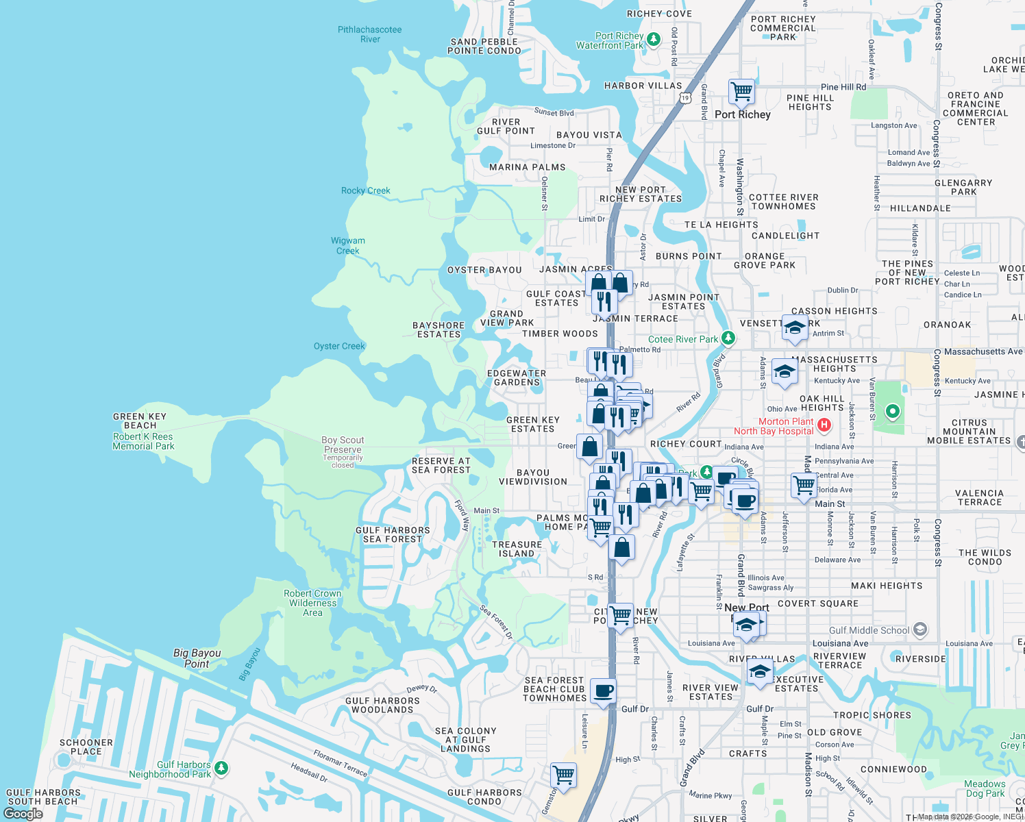 map of restaurants, bars, coffee shops, grocery stores, and more near 6719 Manor Beach Road in New Port Richey