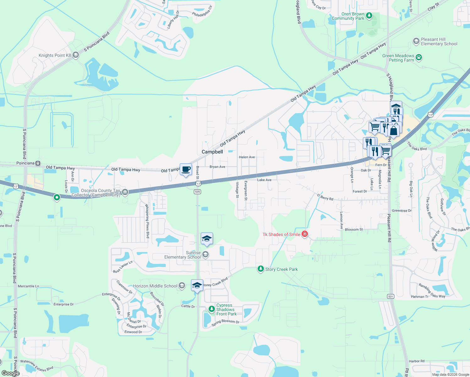 map of restaurants, bars, coffee shops, grocery stores, and more near 1704 Vintage Street in Kissimmee