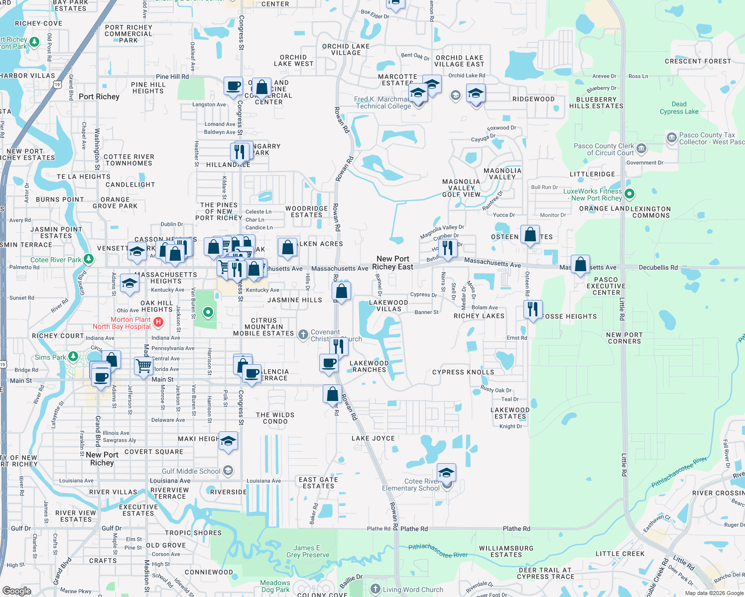 map of restaurants, bars, coffee shops, grocery stores, and more near 6870 Parkside Drive in New Port Richey