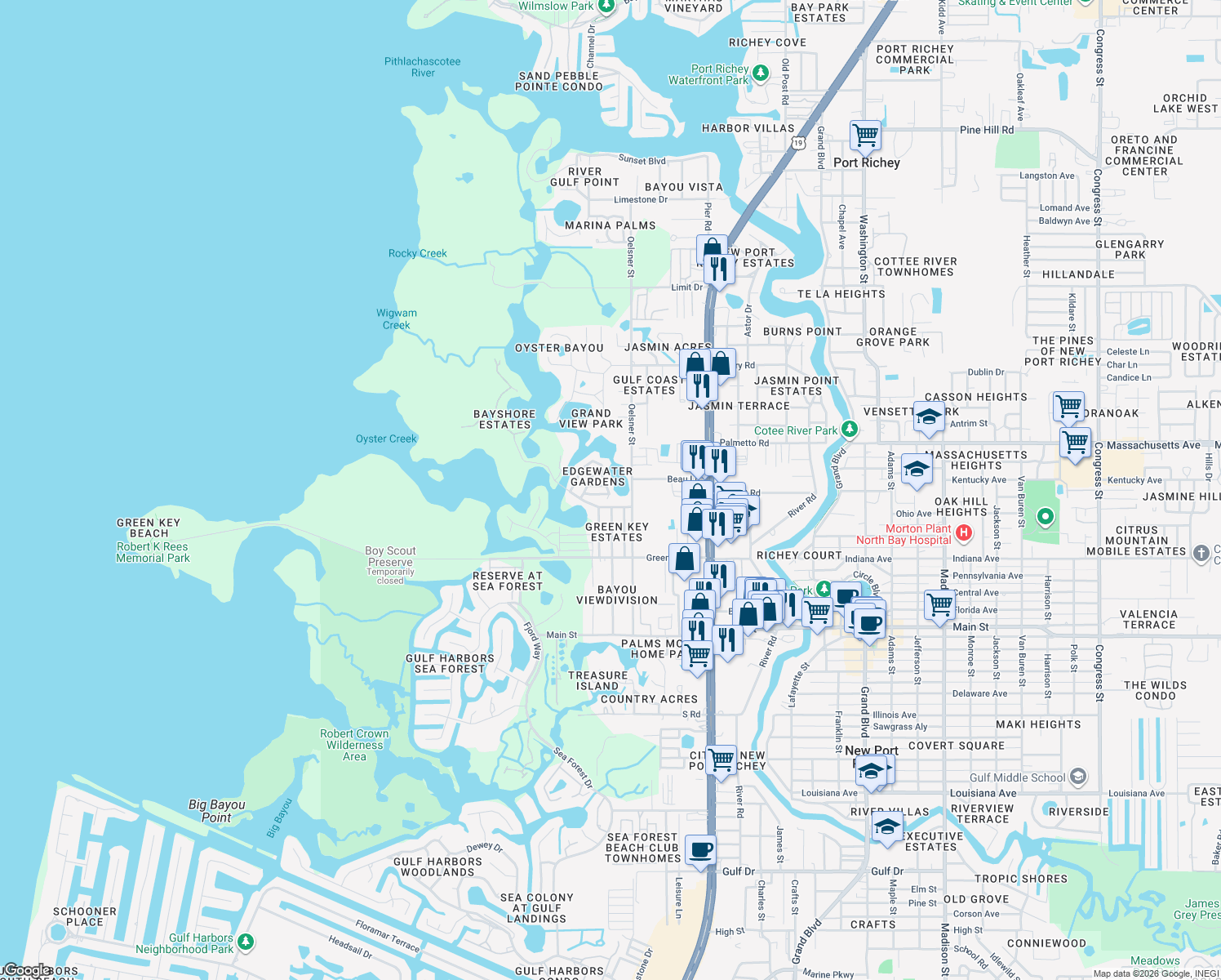 map of restaurants, bars, coffee shops, grocery stores, and more near 6977 Edgewater Dr in New Port Richey