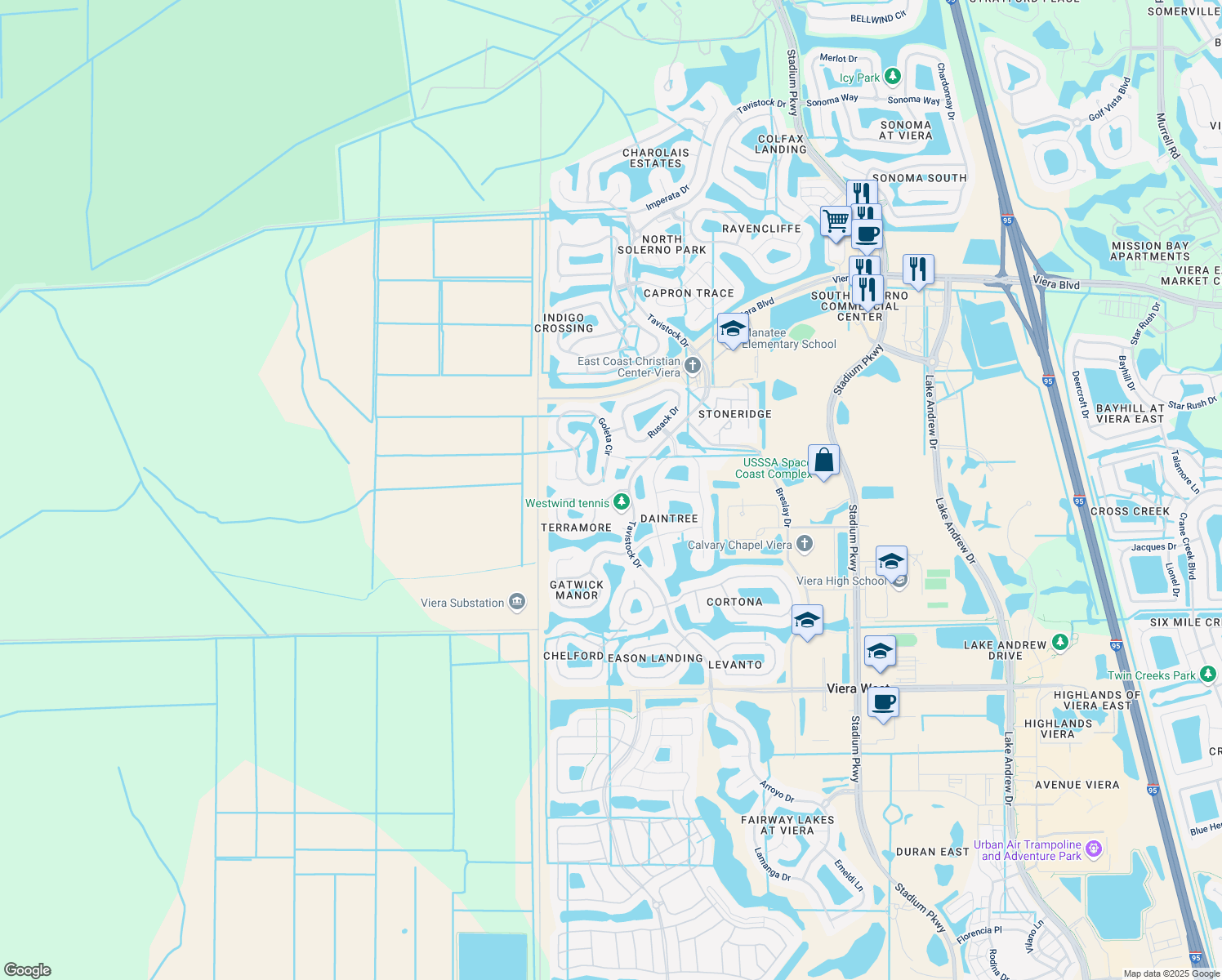 map of restaurants, bars, coffee shops, grocery stores, and more near 3422 Terramore Drive in Melbourne