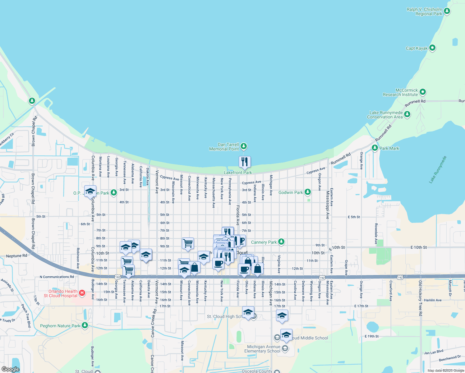 map of restaurants, bars, coffee shops, grocery stores, and more near 215 Pennsylvania Avenue in St. Cloud