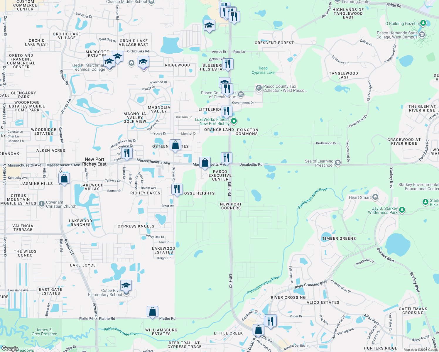 map of restaurants, bars, coffee shops, grocery stores, and more near 8404 Corporate Way in New Port Richey