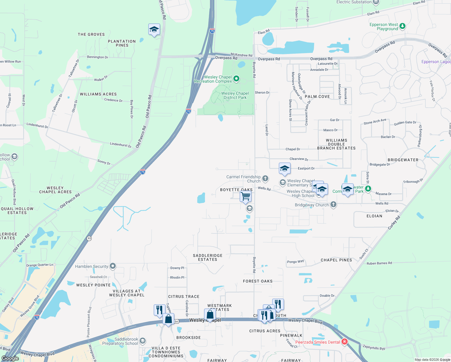 map of restaurants, bars, coffee shops, grocery stores, and more near 29725 Cedar Waxwing Drive in Wesley Chapel
