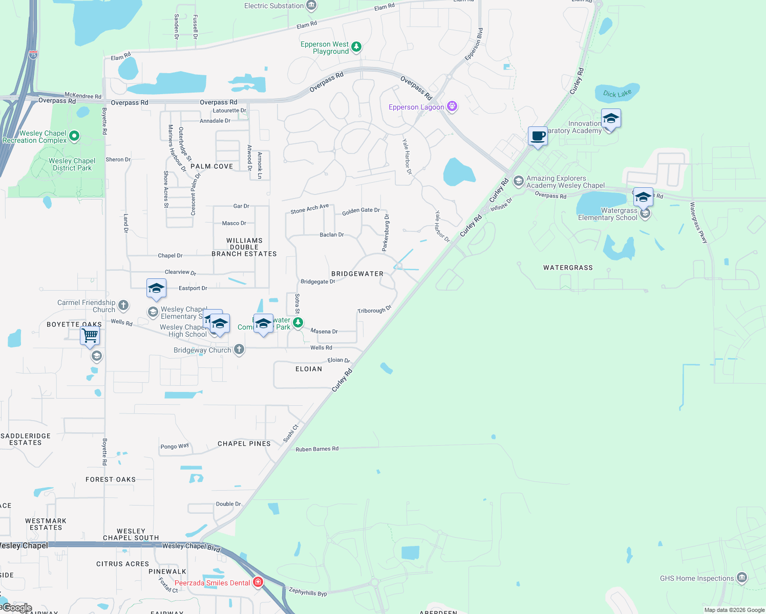 map of restaurants, bars, coffee shops, grocery stores, and more near 31405 Triborough Drive in Wesley Chapel