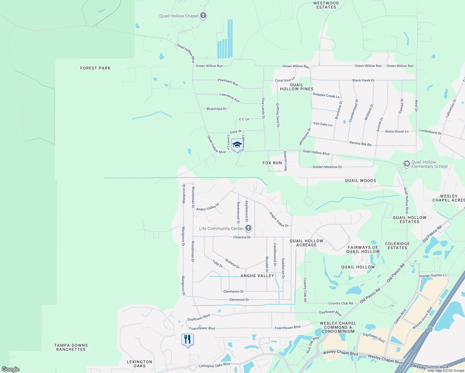 map of restaurants, bars, coffee shops, grocery stores, and more near 6872 Angus Valley Drive in Wesley Chapel