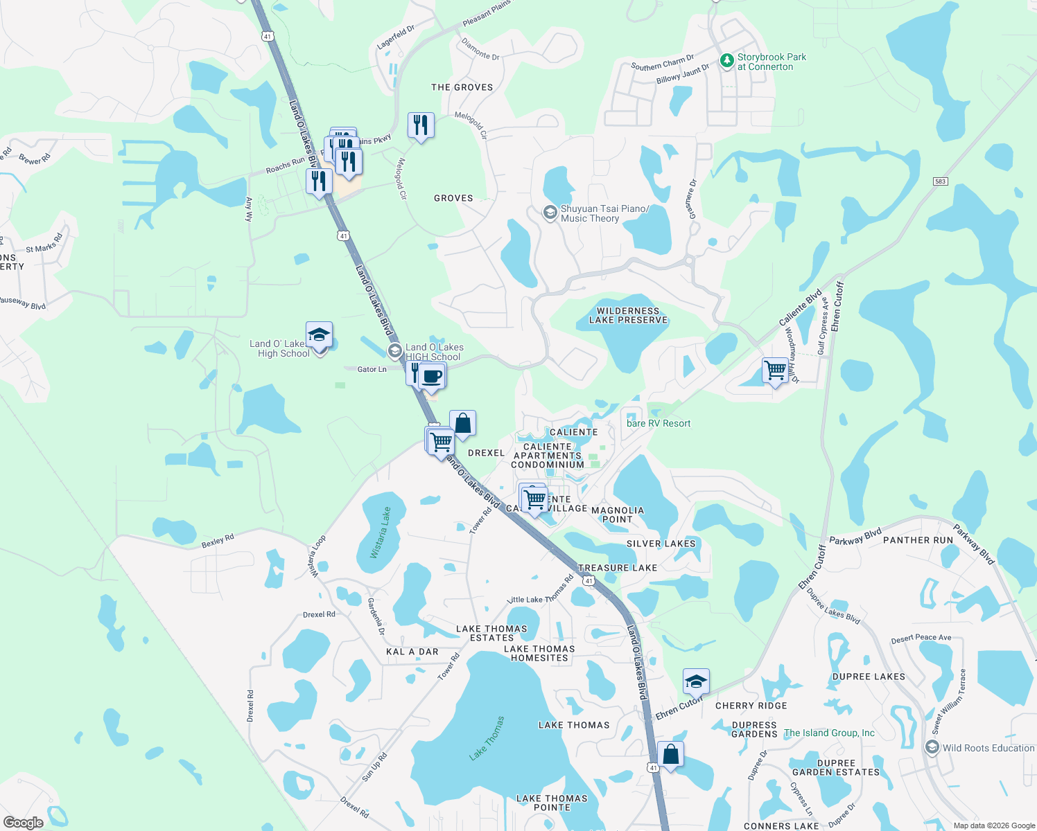 map of restaurants, bars, coffee shops, grocery stores, and more near 6927 Cozumel Court in Land O' Lakes