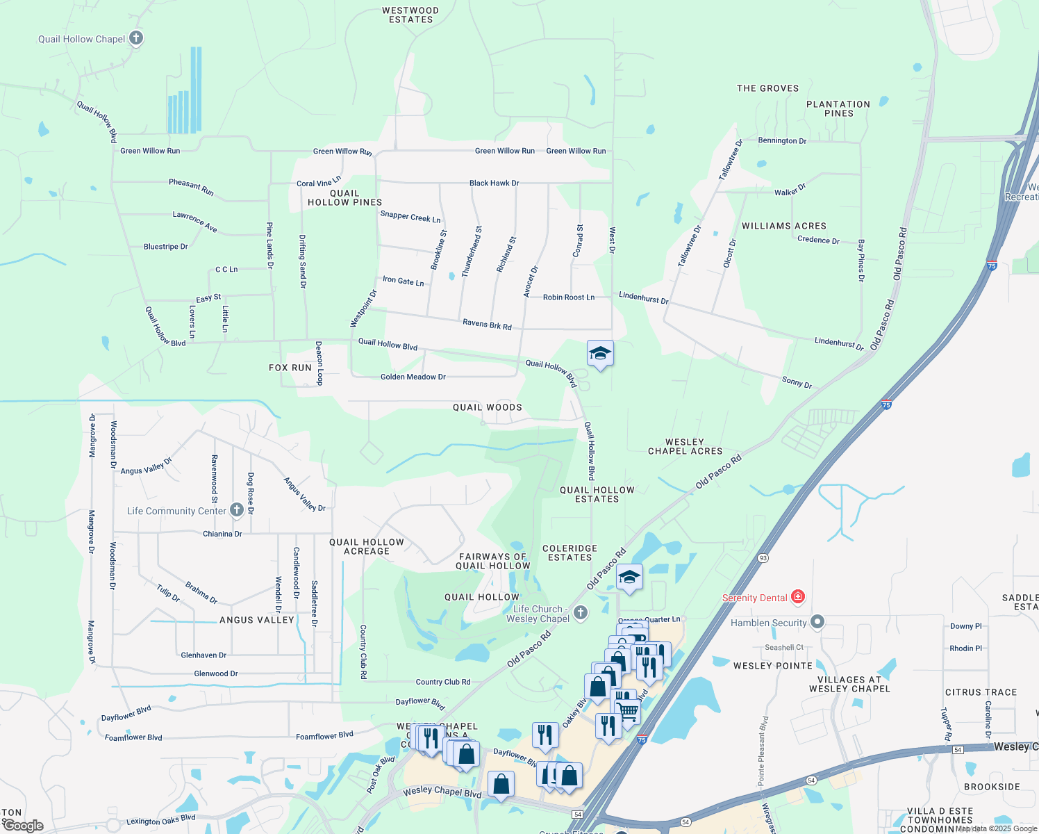 map of restaurants, bars, coffee shops, grocery stores, and more near 27635 Sora Boulevard in Wesley Chapel