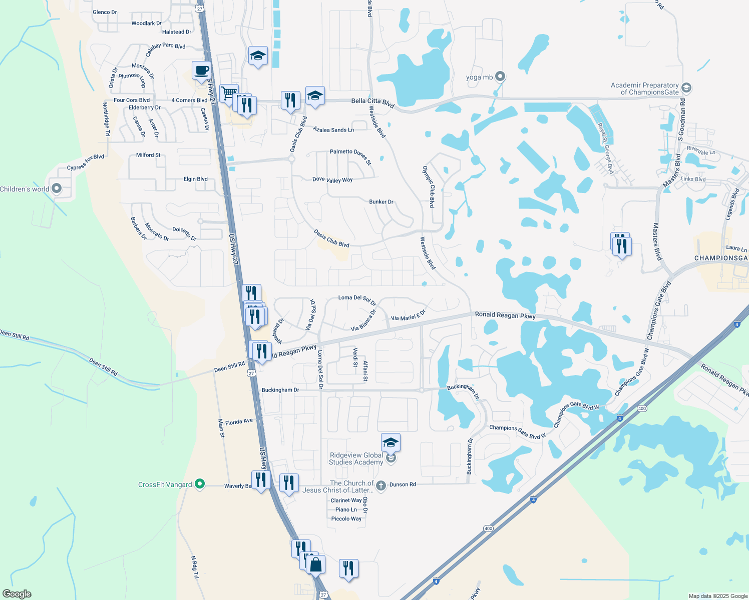 map of restaurants, bars, coffee shops, grocery stores, and more near 541 Loma Del Sol Drive in Davenport