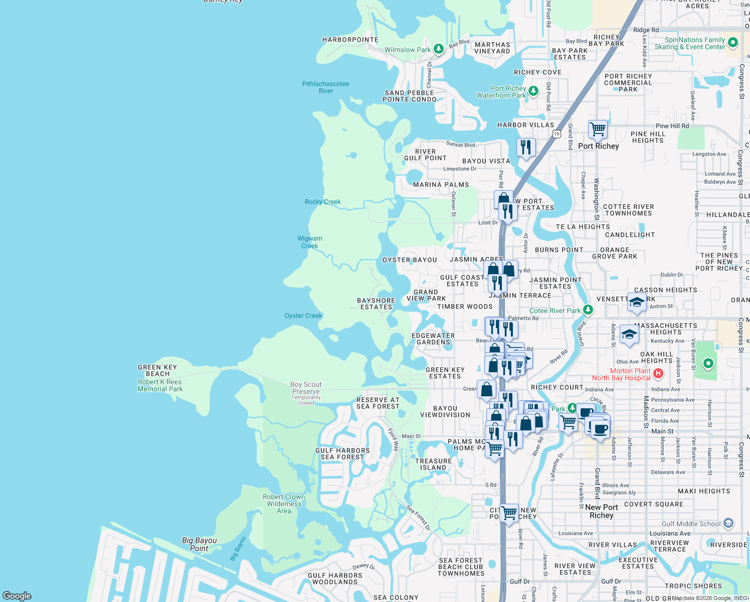 map of restaurants, bars, coffee shops, grocery stores, and more near 7048 Manor Beach Road in New Port Richey