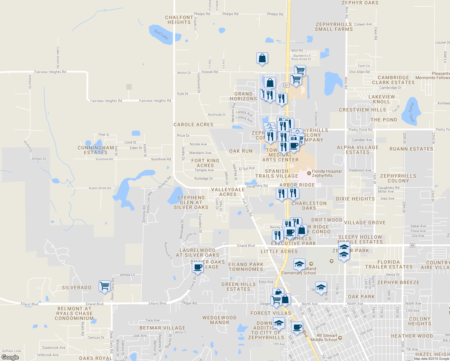 map of restaurants, bars, coffee shops, grocery stores, and more near 37424 Rutledge Drive in Zephyrhills