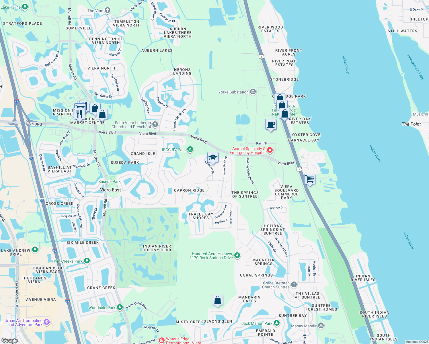 map of restaurants, bars, coffee shops, grocery stores, and more near 1777 Croghan Drive in Melbourne