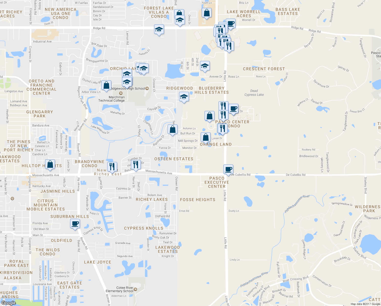 map of restaurants, bars, coffee shops, grocery stores, and more near 7224 Osteen Road in New Port Richey