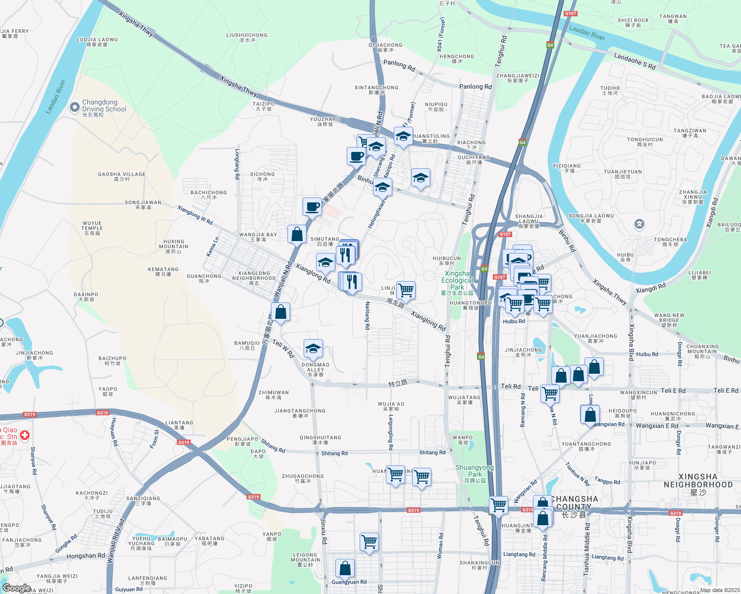 map of restaurants, bars, coffee shops, grocery stores, and more near Xiang Long Lu in Chang Sha Shi