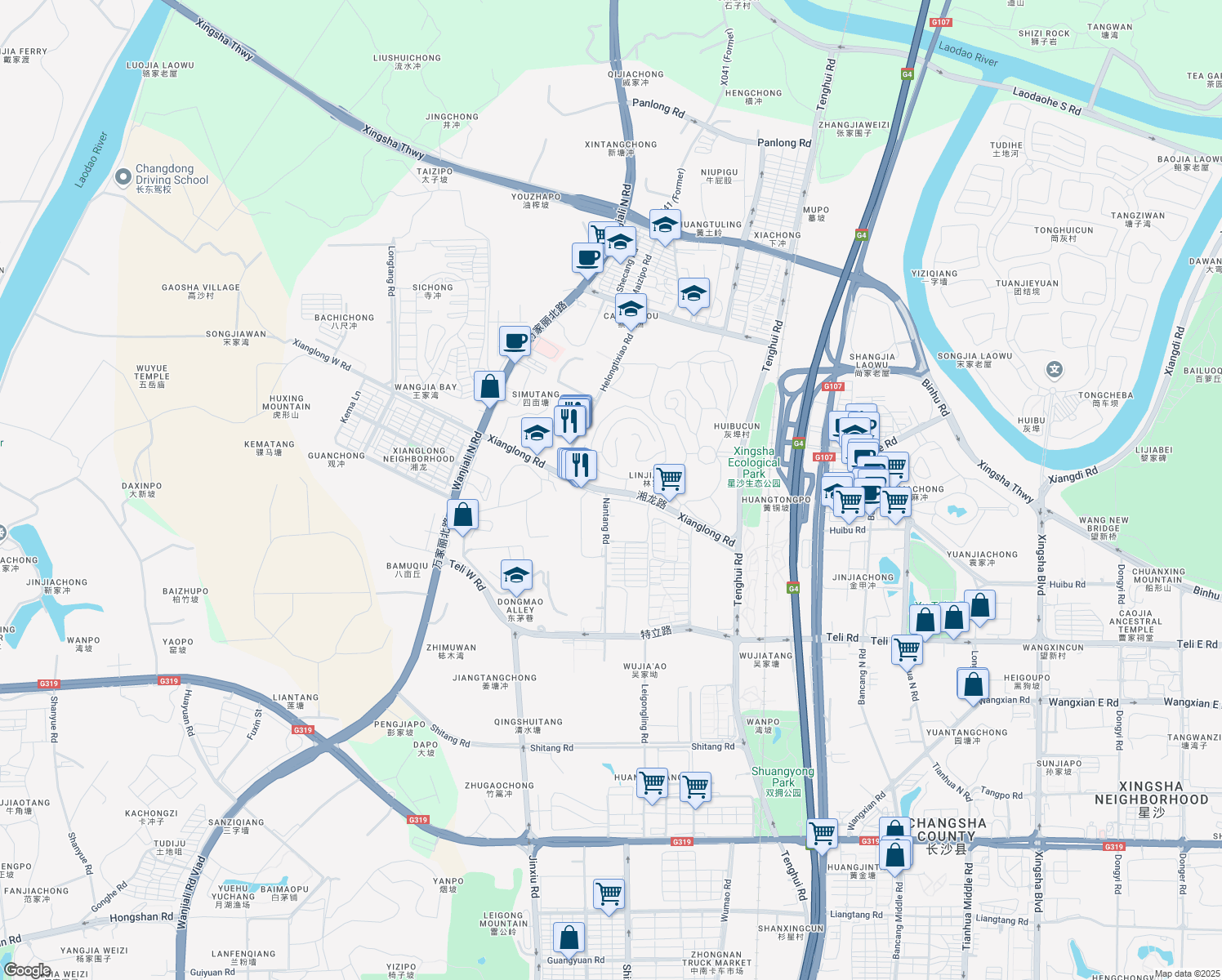 map of restaurants, bars, coffee shops, grocery stores, and more near Xiang Long Lu in Chang Sha Shi