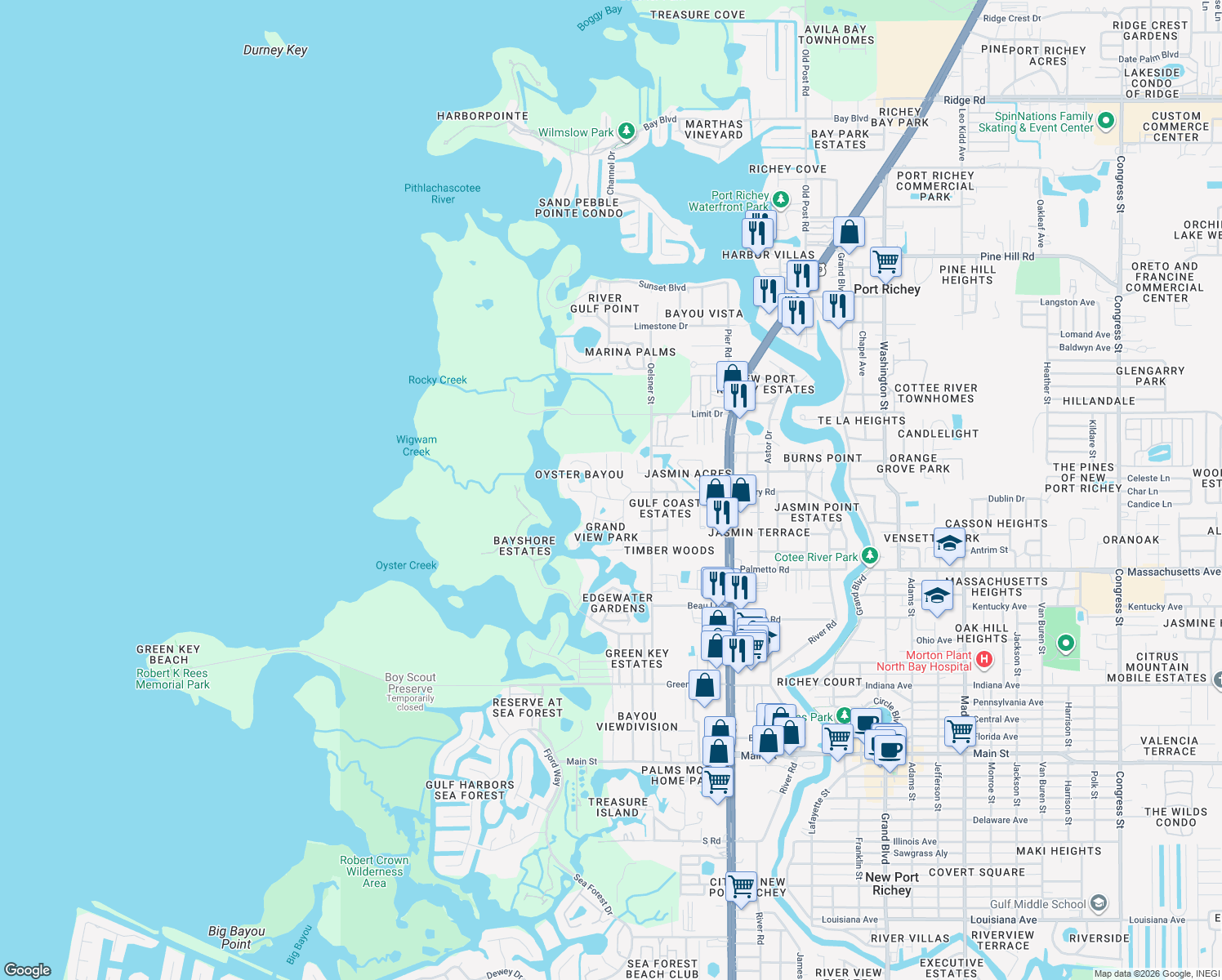 map of restaurants, bars, coffee shops, grocery stores, and more near 7232 Dianne Drive in New Port Richey
