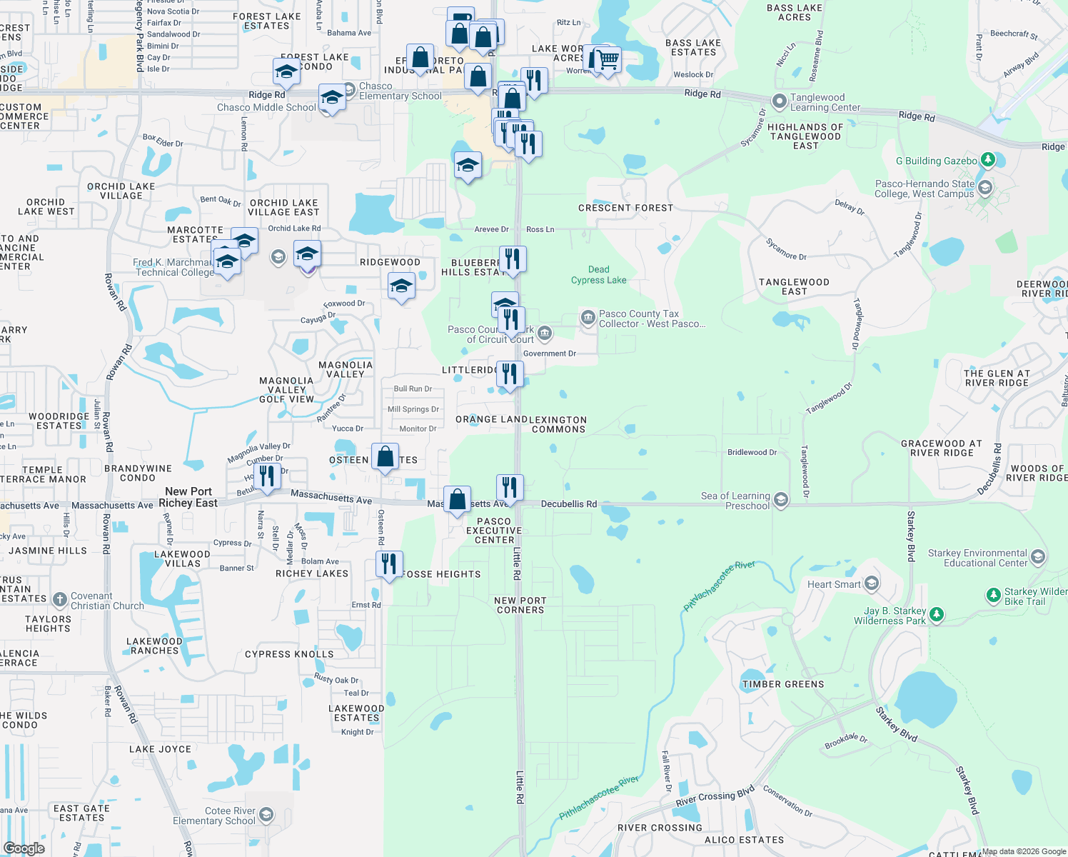 map of restaurants, bars, coffee shops, grocery stores, and more near 8524 Corinthian Way in New Port Richey
