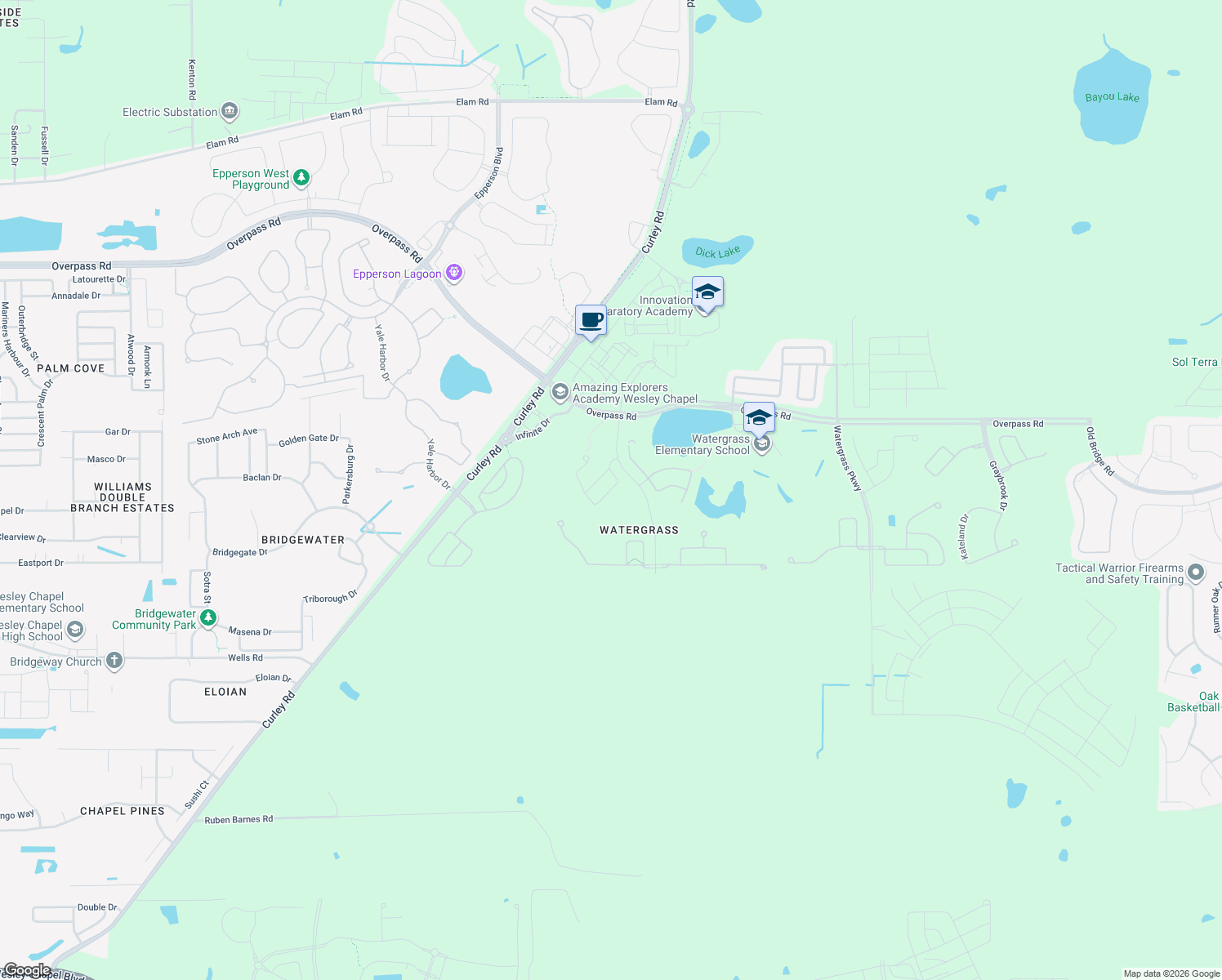 map of restaurants, bars, coffee shops, grocery stores, and more near 32306 Garden Alcove Loop in Wesley Chapel