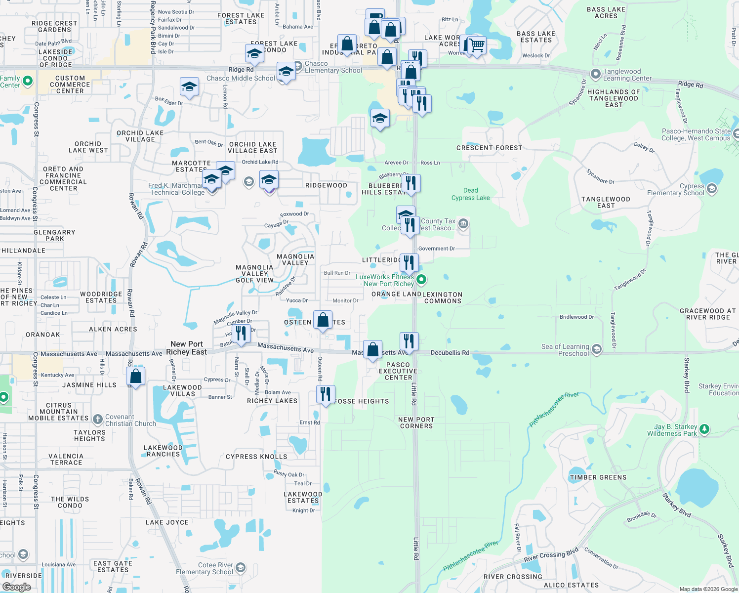 map of restaurants, bars, coffee shops, grocery stores, and more near 7251 Knoll Drive in New Port Richey