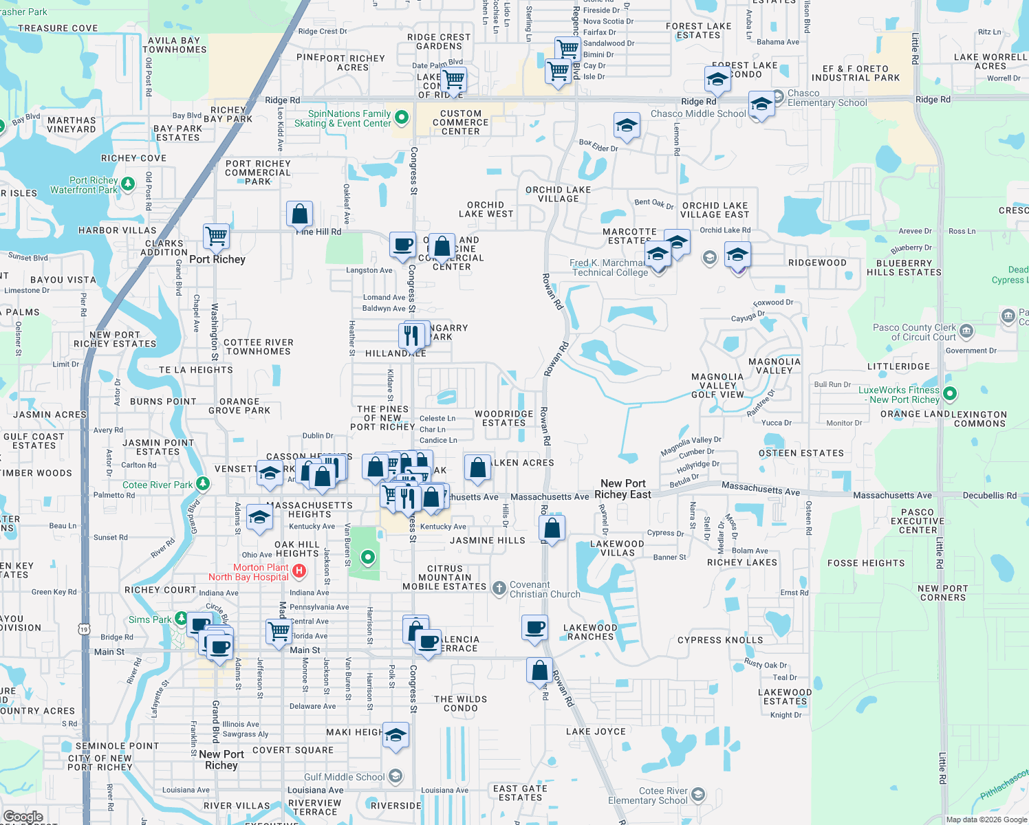 map of restaurants, bars, coffee shops, grocery stores, and more near 7306 Skyview Ave in New Port Richey