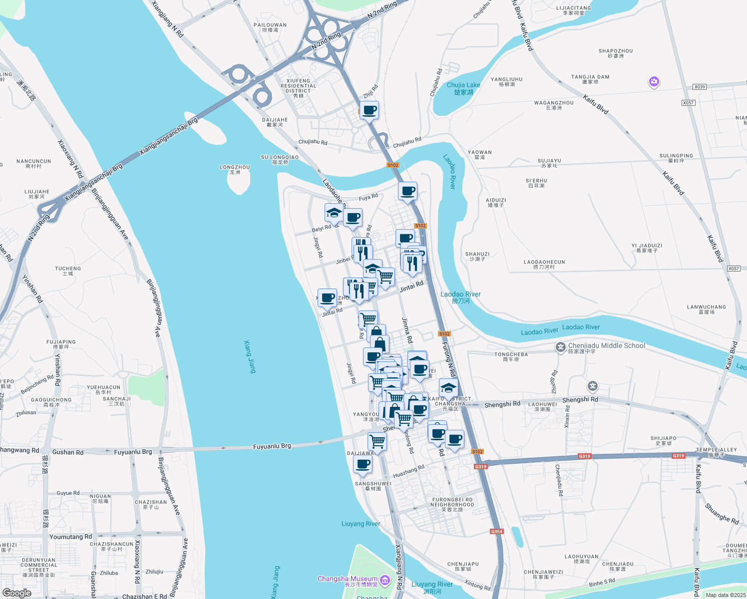 map of restaurants, bars, coffee shops, grocery stores, and more near Jin Tai Lu in Chang Sha Shi