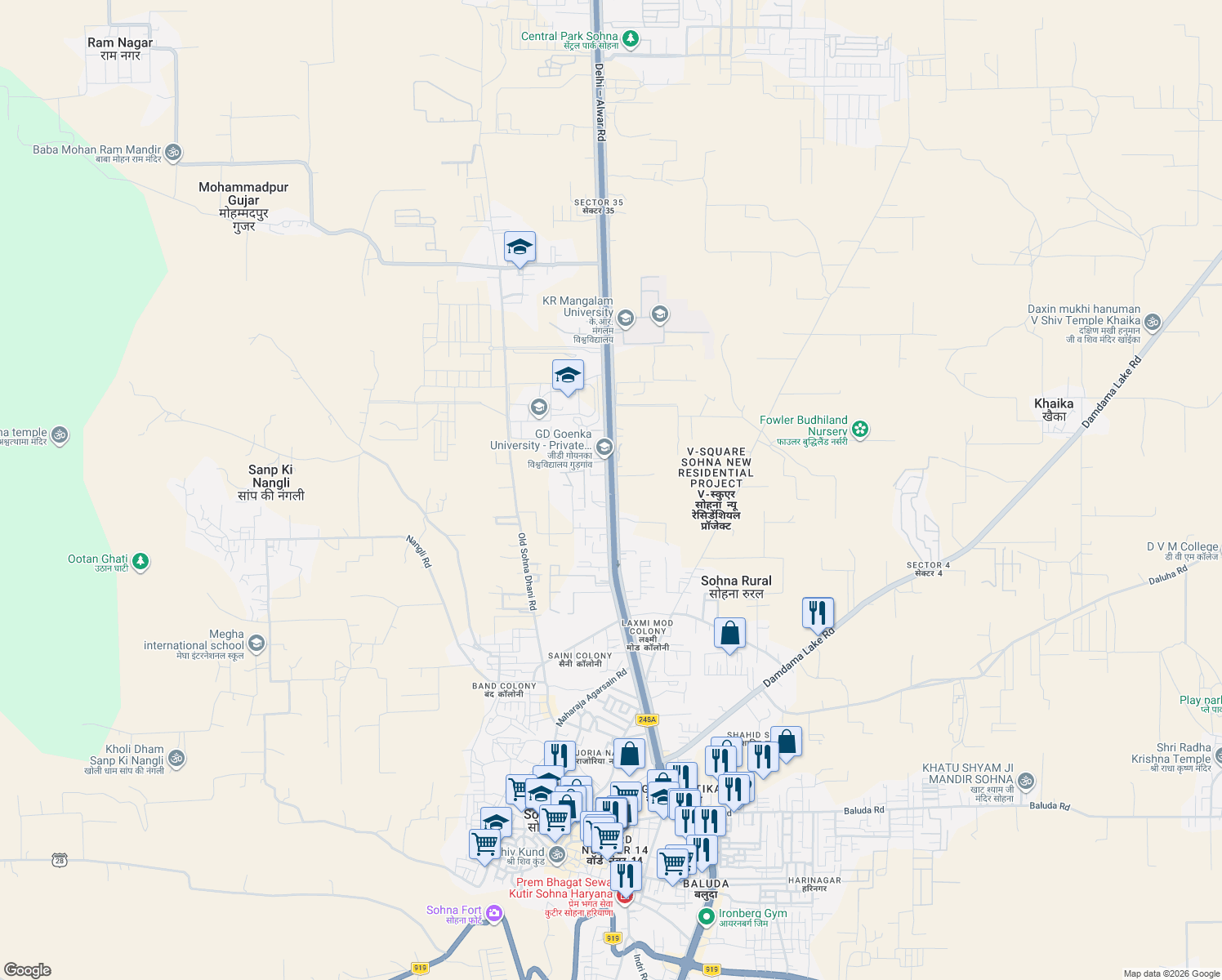 map of restaurants, bars, coffee shops, grocery stores, and more near Sohna - Gurgaon Road in Sohna Rural