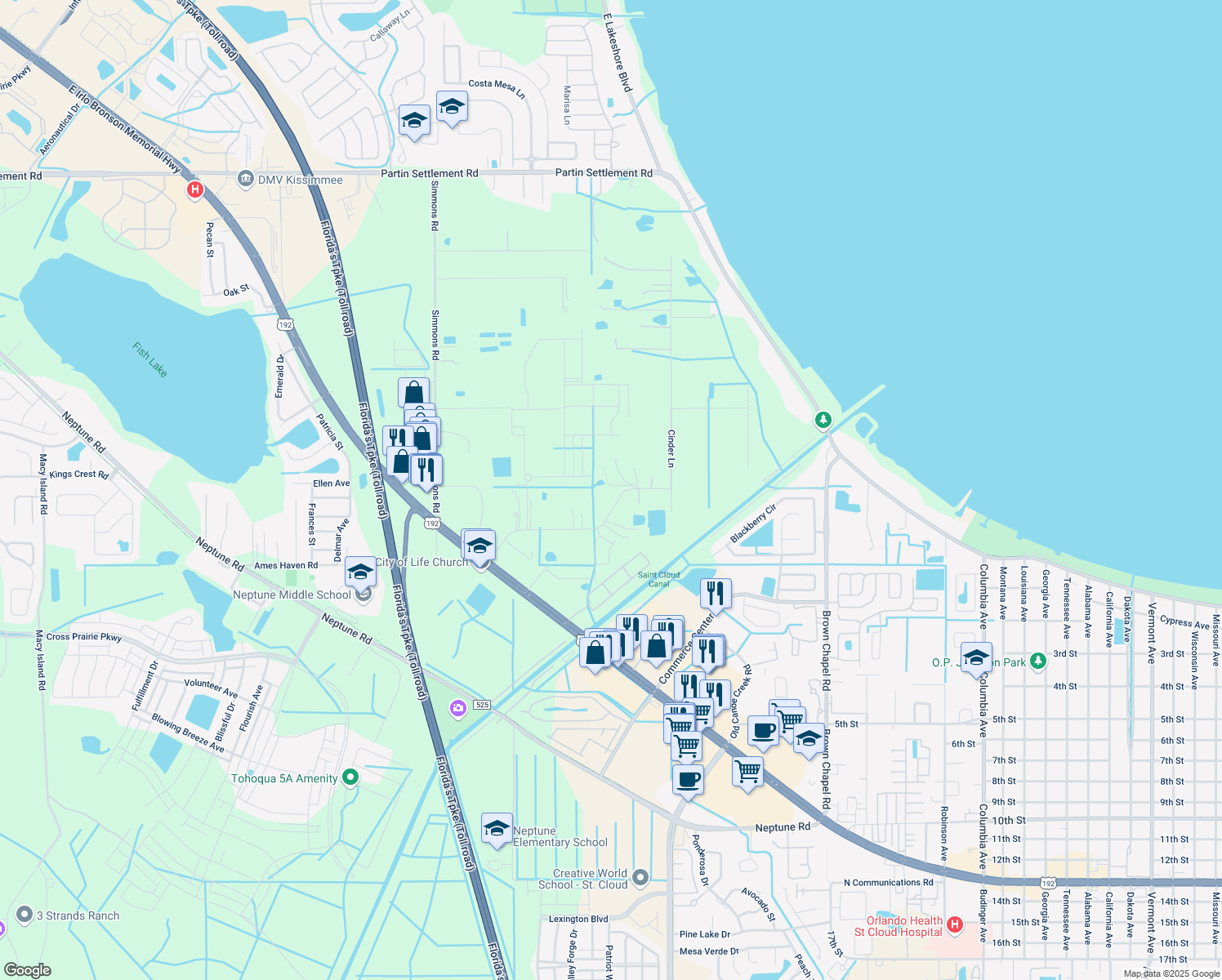 map of restaurants, bars, coffee shops, grocery stores, and more near 3029 Big Sky Boulevard in Kissimmee