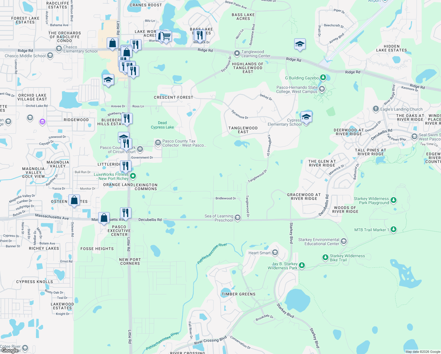 map of restaurants, bars, coffee shops, grocery stores, and more near 7230 Old Homestead Road in New Port Richey