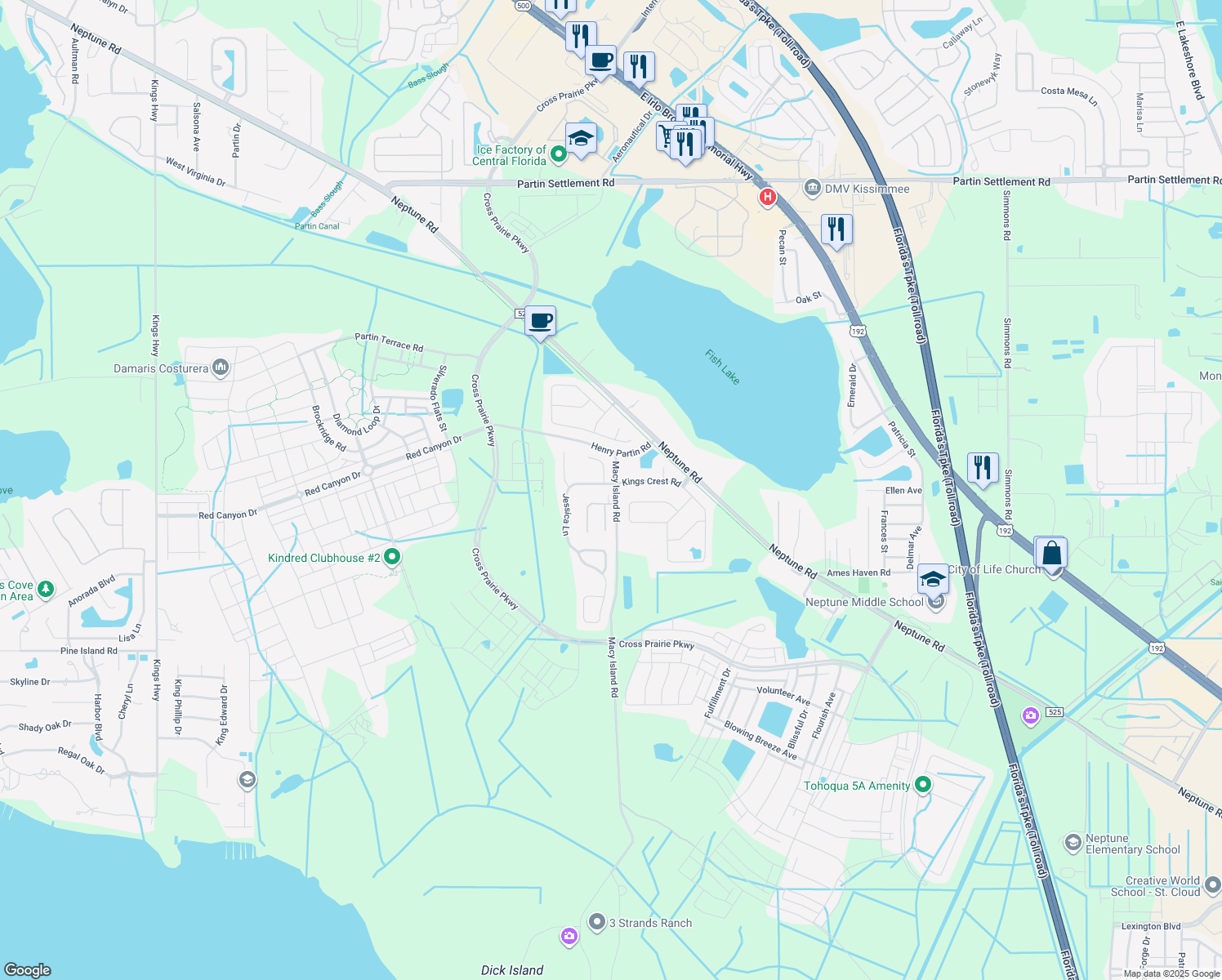 map of restaurants, bars, coffee shops, grocery stores, and more near 2200 Jessica Lane in Kissimmee