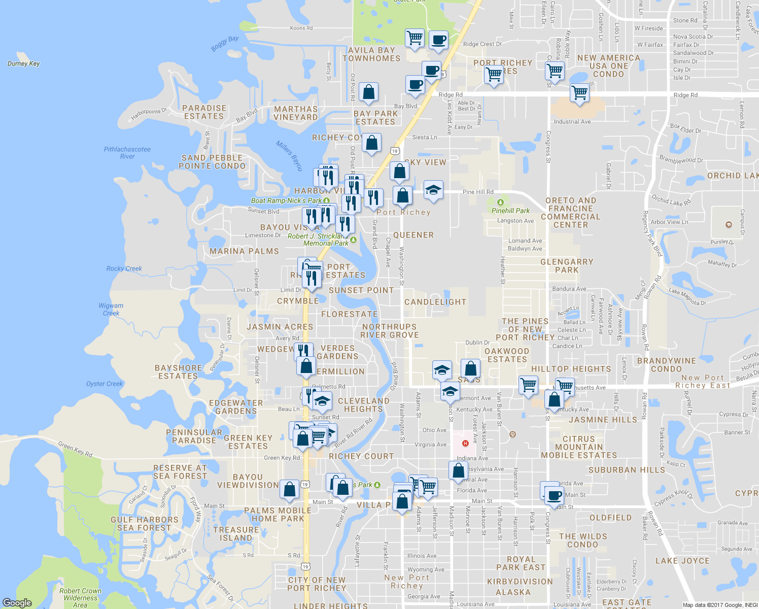 map of restaurants, bars, coffee shops, grocery stores, and more near 7400 Grand Boulevard in New Port Richey