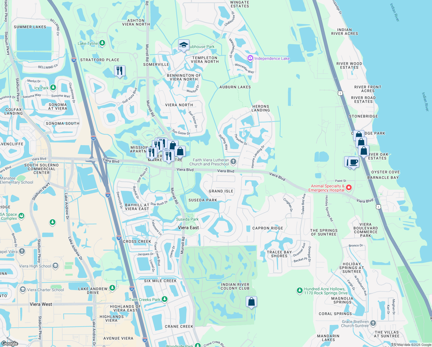 map of restaurants, bars, coffee shops, grocery stores, and more near 1350 Lago Mar Drive in Melbourne