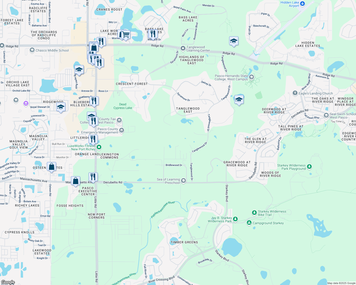 map of restaurants, bars, coffee shops, grocery stores, and more near 9345 Rookery Road in New Port Richey
