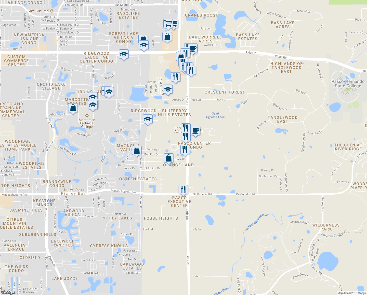 map of restaurants, bars, coffee shops, grocery stores, and more near 8423 Blue Rock Drive in New Port Richey