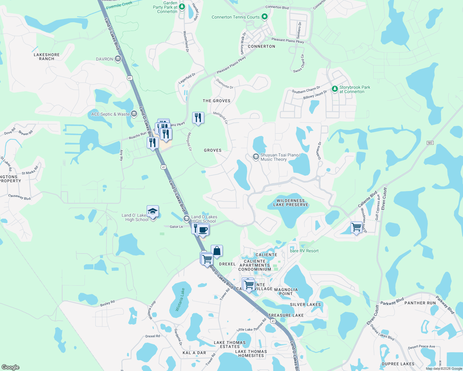 map of restaurants, bars, coffee shops, grocery stores, and more near 7441 Trovita Road in Land O' Lakes