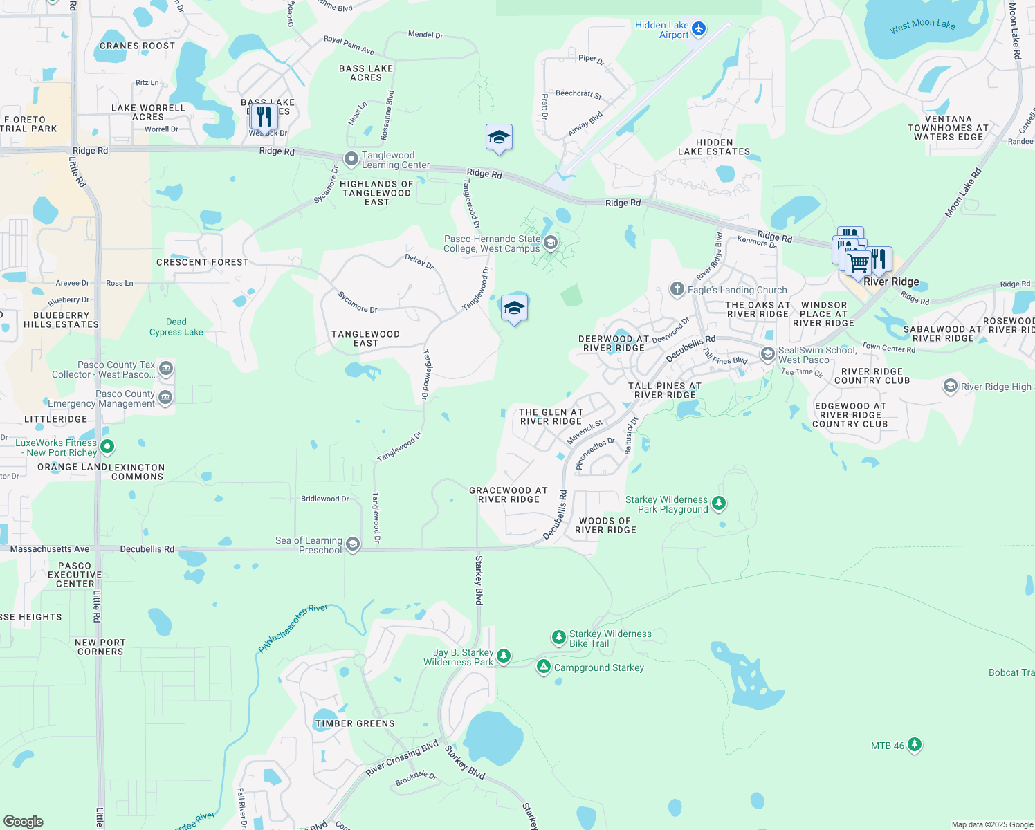 map of restaurants, bars, coffee shops, grocery stores, and more near 7444 Canvasback Drive in New Port Richey