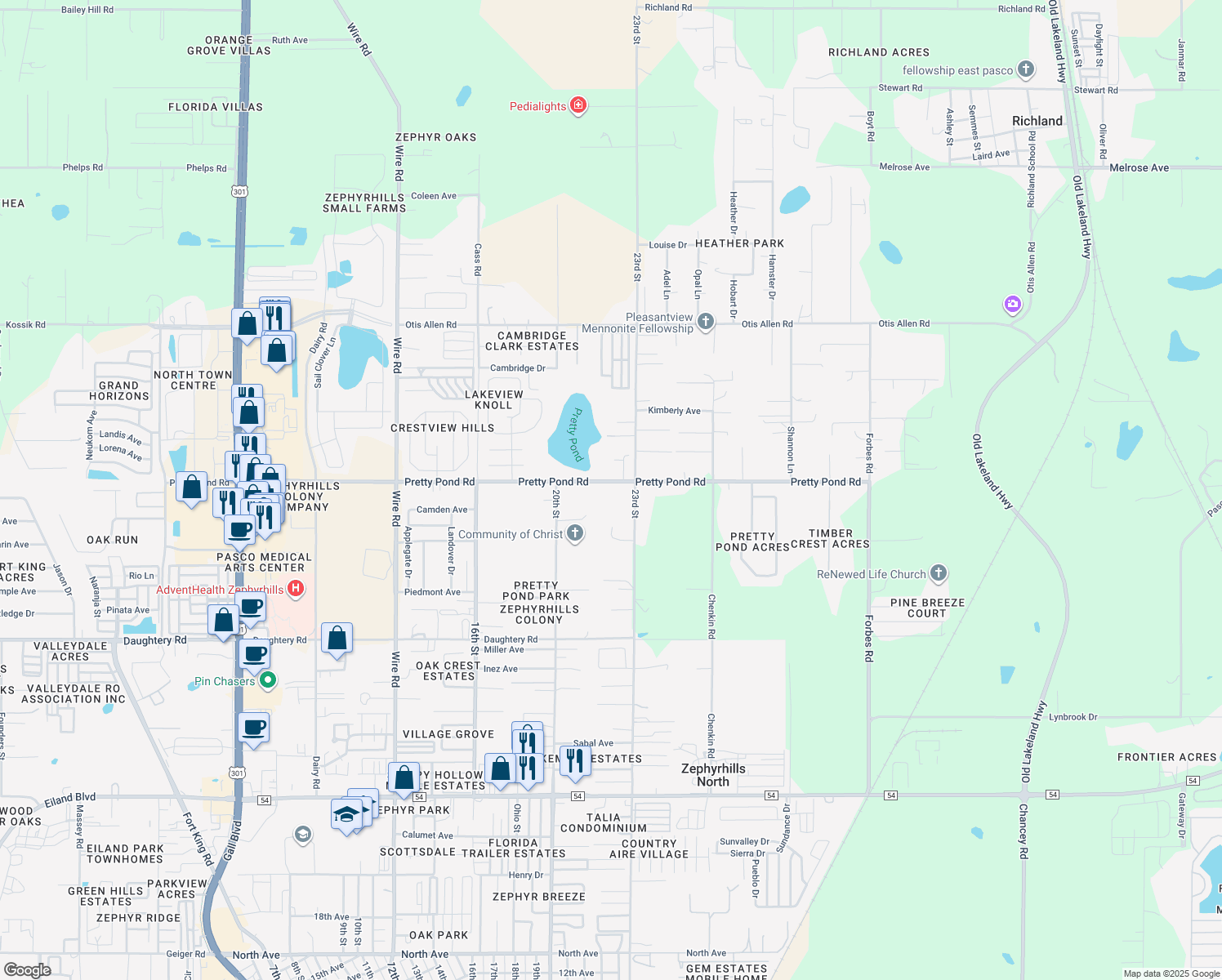 map of restaurants, bars, coffee shops, grocery stores, and more near 39146 Pretty Pond Road in Zephyrhills