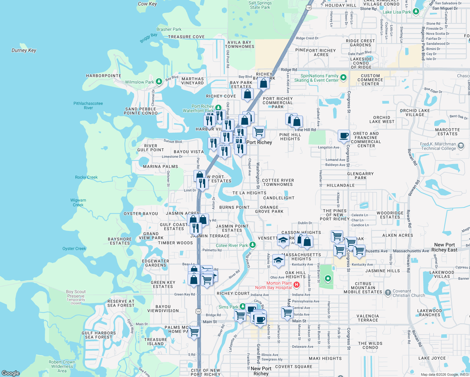 map of restaurants, bars, coffee shops, grocery stores, and more near 5531 Manatee Point Drive in New Port Richey