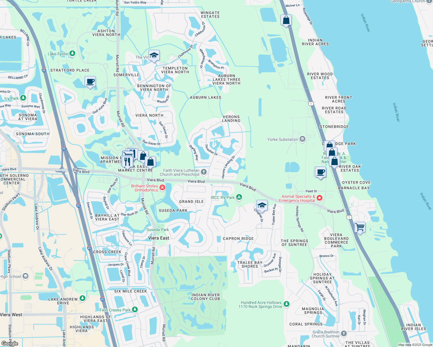 map of restaurants, bars, coffee shops, grocery stores, and more near 860 Sandhill Crane Court in Rockledge