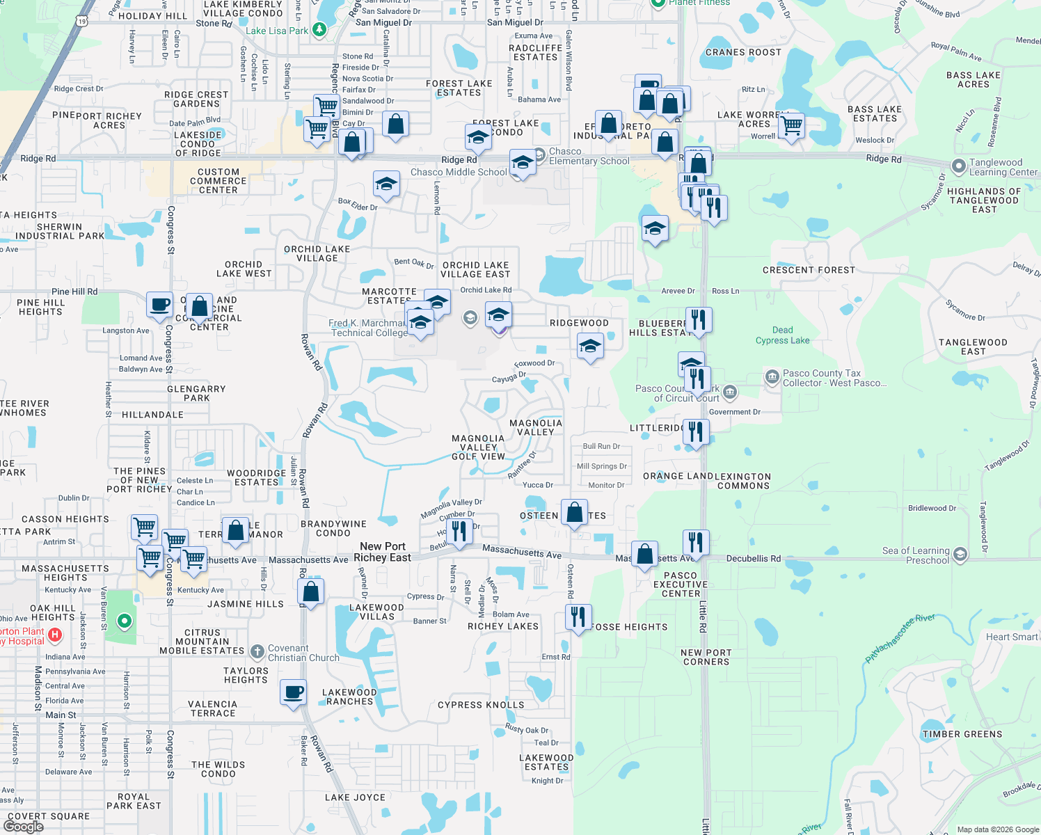 map of restaurants, bars, coffee shops, grocery stores, and more near 7512 Holly Lake Lane in New Port Richey