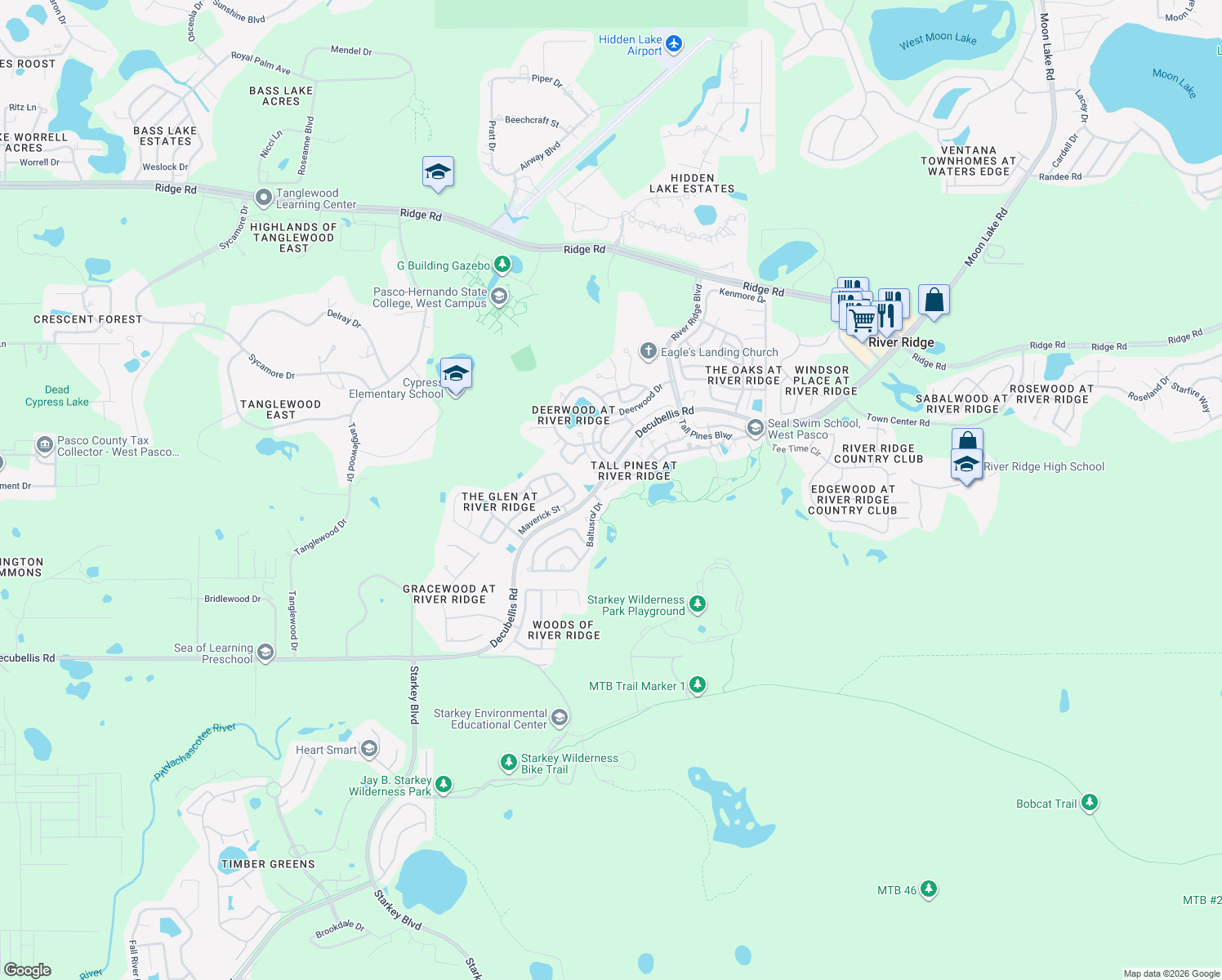 map of restaurants, bars, coffee shops, grocery stores, and more near 10520 Millriver Drive in New Port Richey