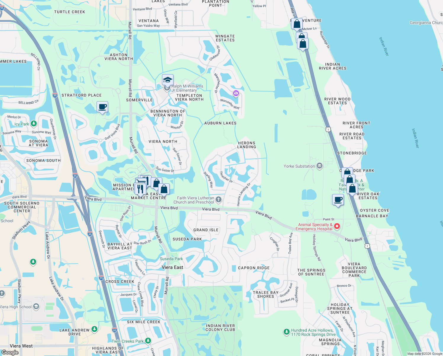 map of restaurants, bars, coffee shops, grocery stores, and more near 827 Thrasher Dr in Rockledge
