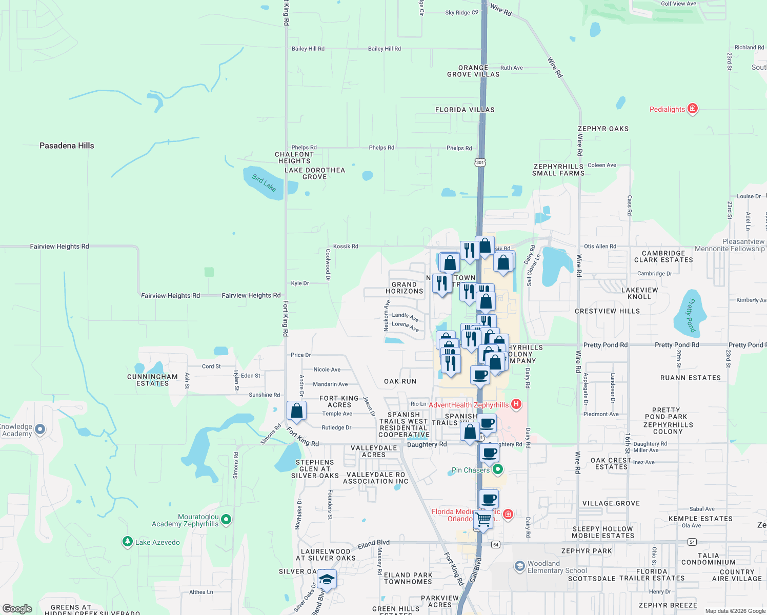 map of restaurants, bars, coffee shops, grocery stores, and more near 37340 Neukom Avenue in Zephyrhills