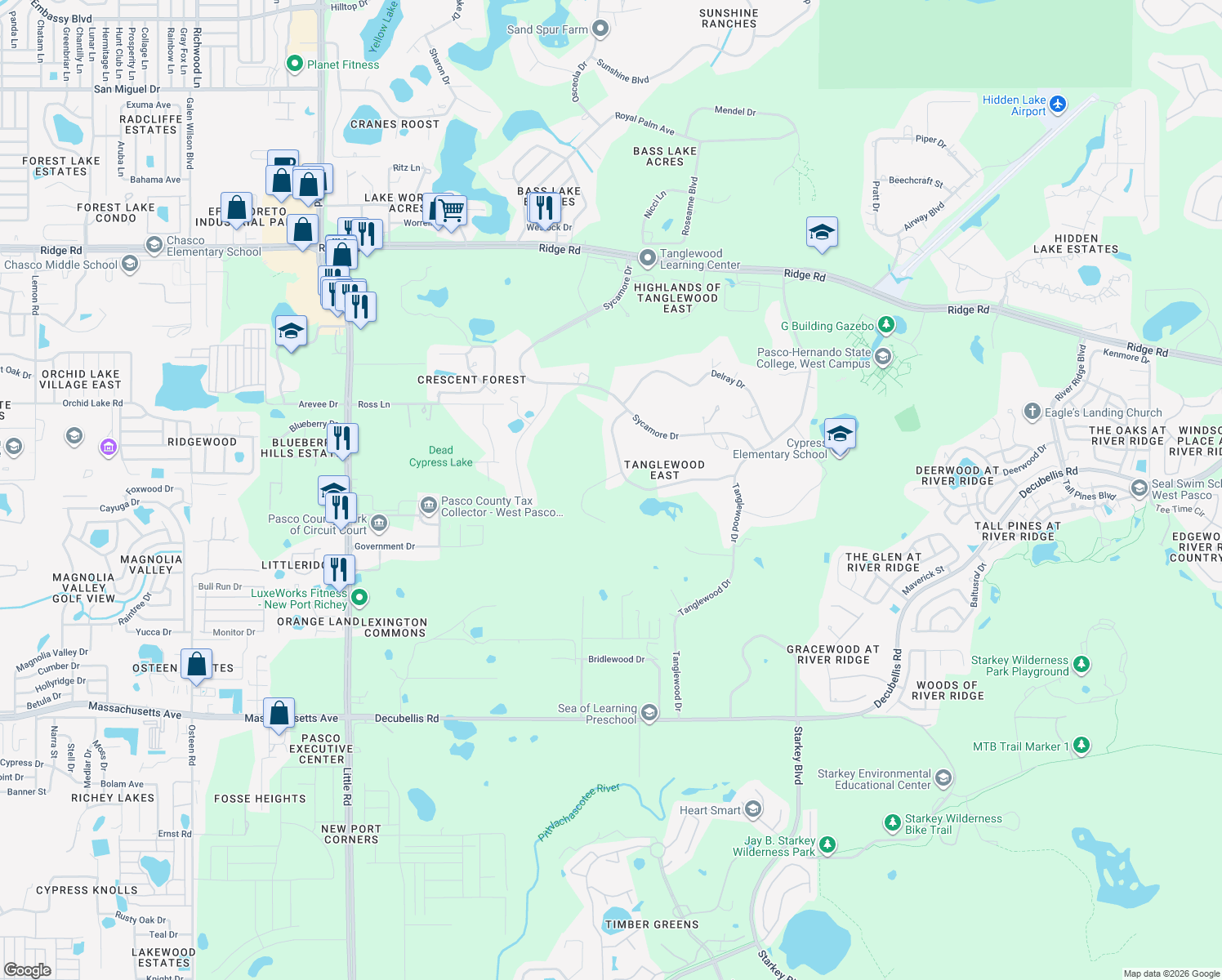 map of restaurants, bars, coffee shops, grocery stores, and more near 7746 Mokena Court in New Port Richey